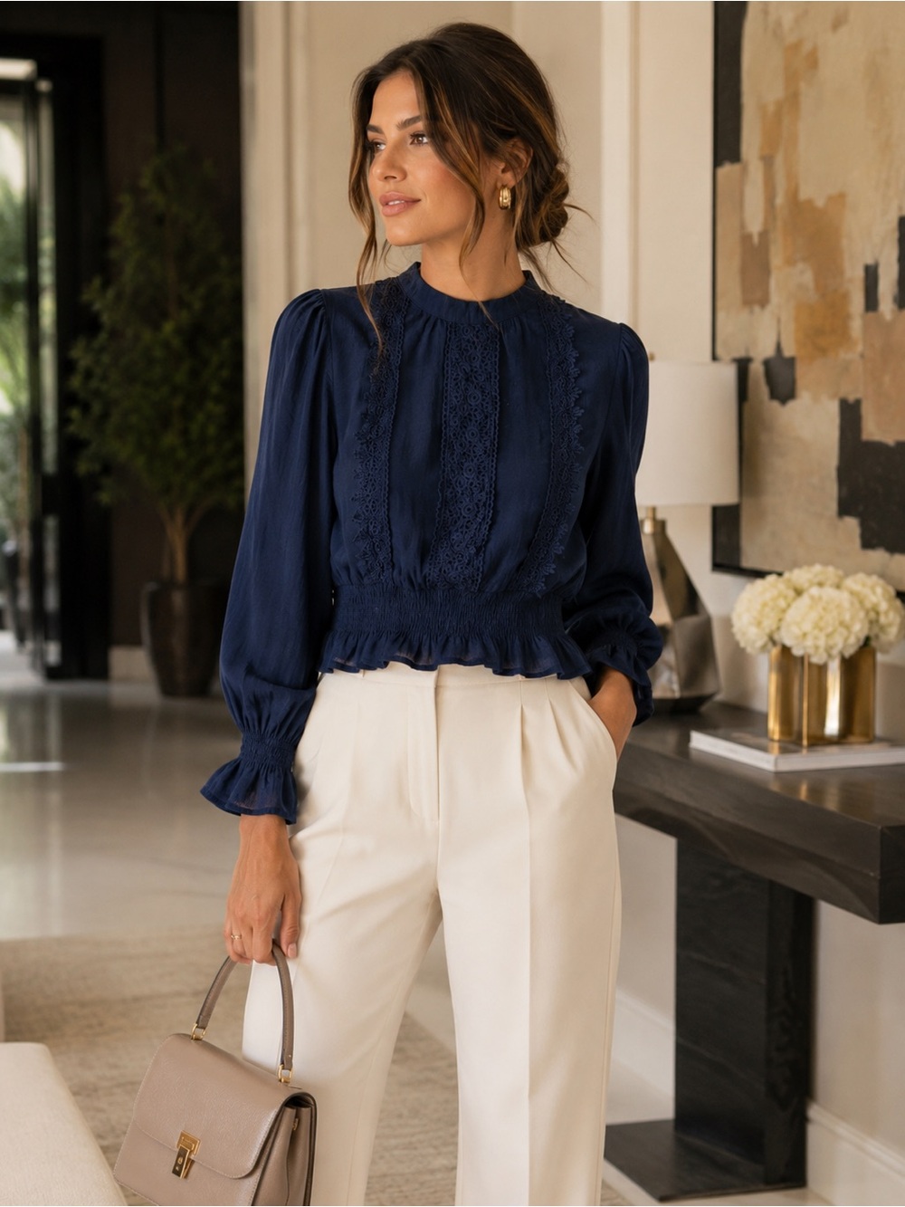 Navy Lace-Detail Long-Sleeve Blouse - Women's Top